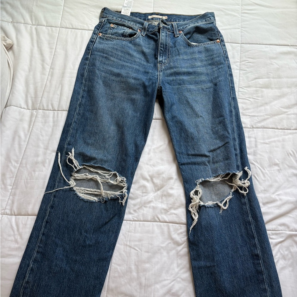 Levi's Blue Straight Leg Jeans with Distressed Details